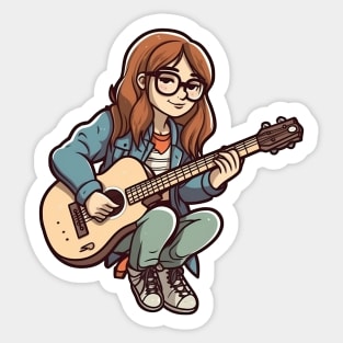 A girl playing her favourite guitar Sticker